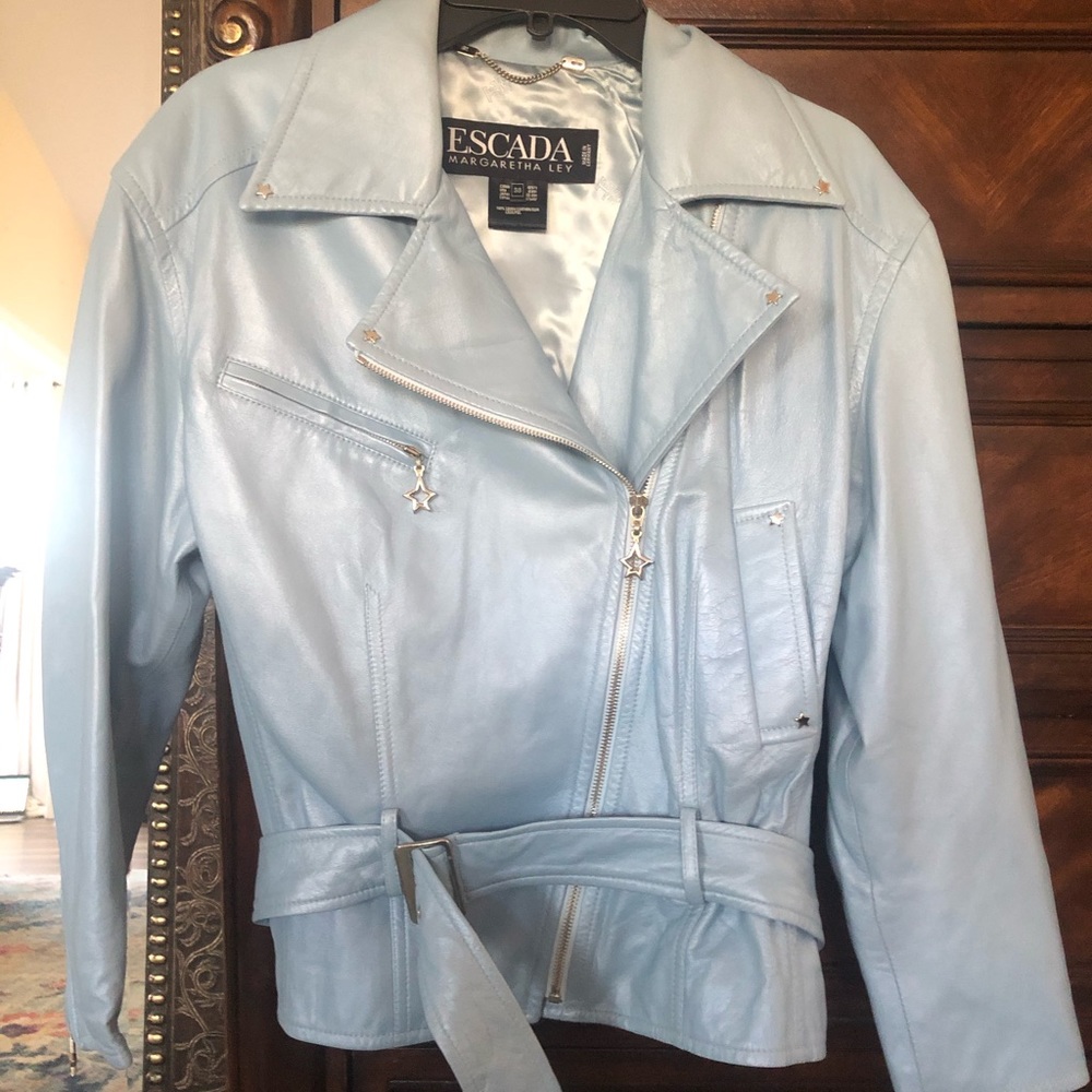 Escada Light Blue Leather Bomber Jacket